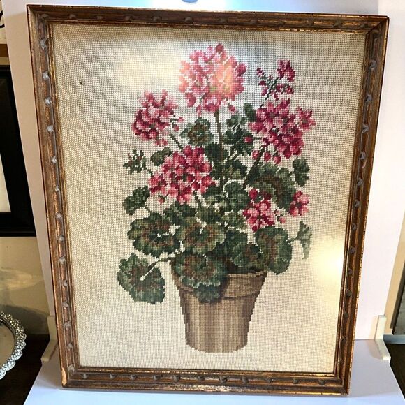 Other - Absolute best vintage framed needlepoint potted pink geraniums large size